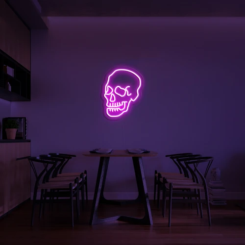 3D izzó neon logó a koponya falán