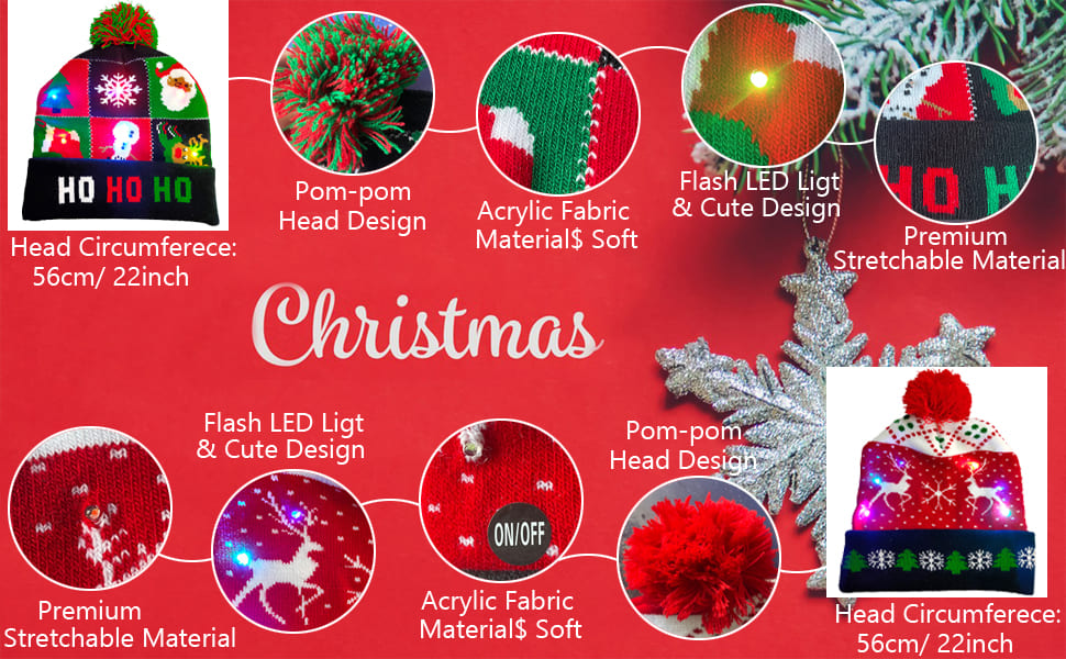 Téli sapka karácsonyra különféle motívumokkal (design) LED-del világít