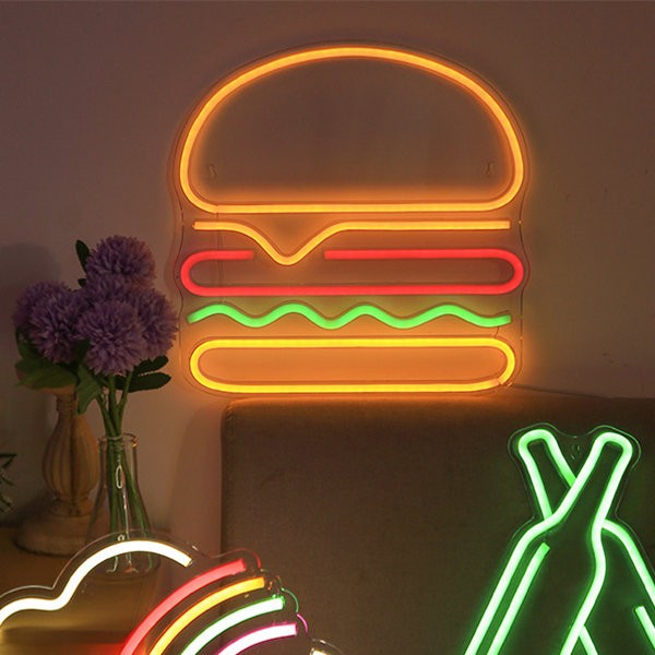 led izzó neonreklám a falon - hamburger